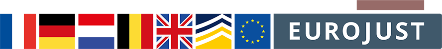 flags of FR, DE, NL, BE, UK, logo of Europol and Eurojust